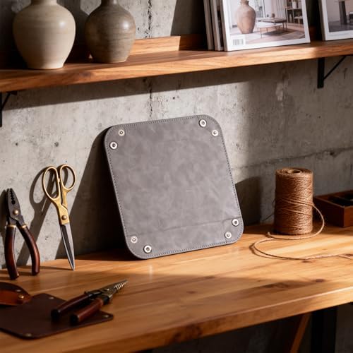 Valet Tray Desktop Storage Organizer – Vegan Leather Catchall Bedside Vanity Tray Nightstand Caddy Holder for Remote Controller, Watch, Keys, Phone, Wallet, Coin, Jewelry, Stone Gray - Image 2