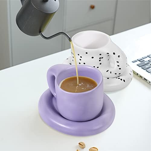 Koythin Ceramic Coffee Chubby Mug Saucer Set, Creative Cute Fat Handle Cup with Saucer for Office and Home, Dishwasher and Microwave Safe, 10 oz for Latte Tea Milk (Light Purple) - Image 5