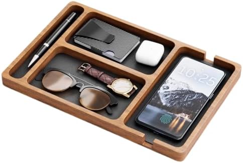 Wooden Valet Tray with Leather Inlay, Office Desk Organizer Tray, Nightstand Storage Tray, Multi-Purpose EDC Jewelry Storage Tray for Keys, Wallet, Watch, Phone & Earbuds (Light Wood) by Unknown