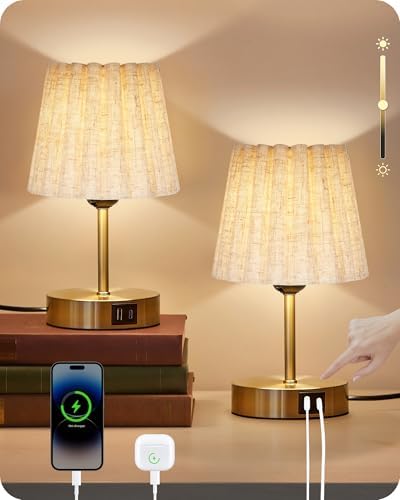 Small Bedside Table Lamps Set of 2, Touch Dimmable Table Lamps with USB Ports, Nightstand Lamps with 2 Stepless Dimming LED Bulbs, E26 Base, for Bedroom, Study, Gold and Beige DE16TLP205 by GOEBLESON