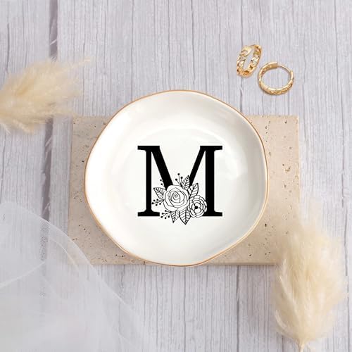 JoycuFF Initial M Ceramic Jewelry Tray, Bridesmaid Bride Gifts, Engagement Birthday Best Friend Mom Grandma Sister Gifts for Women, Trinket Dish for Rings Earrings Necklaces Bracelets Keys - Image 2