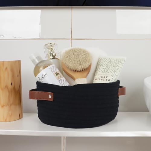 Small Woven Cotton Rope Basket with Leather Handle, Black - Image 2