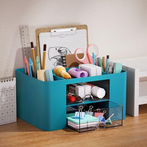 Marbrasse Pen Organizer with 2 Drawer, Multi-Functional Pencil Holder for Desk, Desk Organizers and Accessories with 5 Compartments + Drawer for Office Art Supplies (Dark Green) - Image 3