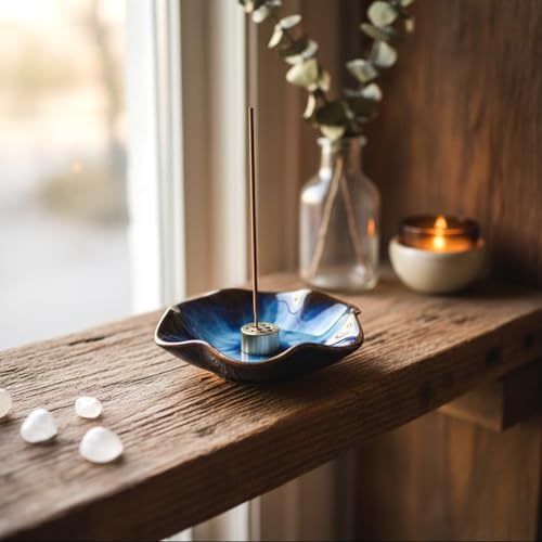Small Flower Incense Holder with 9-Hole Metal Base, Blue - Image 4