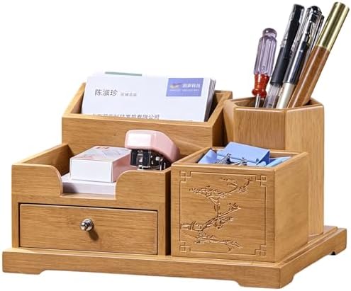 Bamboo Desk Organizer with Drawer & Pen Holder, Office Desk Caddy Storage by GroveMindooOfficeStorage