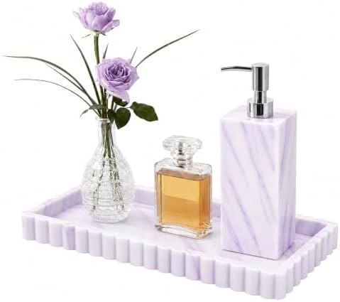 Bathroom Vanity Tray - 9.4''x3.9'' Silicone Bathroom Tray with Scalloped Edge, Counter Top Tray for Vanity Sink Countertop, Decorative Organizer for Cosmetics Jewelry, Rectangular, Marble White Purple by METEOROCK