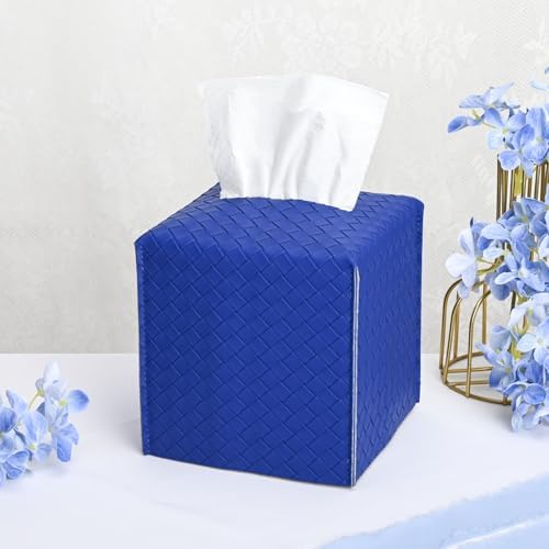 HOMOTEK 1 Pack Tissue Box Cover, Square PU Leather Tissue Holder, Decorative Facial Tissue Cube Paper Organizer Dispenser for Bathroom, Night Stands, Desk, Car 5X5X5'' - Woven Waffle,Blue by HOMOTEK