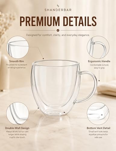 8.5oz Double Walled Glass Coffee Mugs with Handles, Set of 4 - Image 3