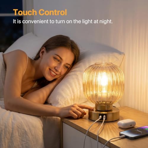 Elenhome Touch Small Table Lamp,Elegant Gold Glass Bedside Lamp 3 Way Dimmable with USB C+A Charging Ports - Bedroom Nightstand & Living Room Essential, 4W Bulb Included (Gold) - Image 2