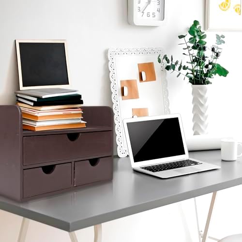 Besti Wooden Office Desk Organizer - Organizing Tool for Desktop, Cubicle, Bedroom, Kitchen - Vintage Style Organization Caddy with Top Tray Shelf & 3 Drawers - 13.6x9x7 Inches (Dark Brown) - Image 6