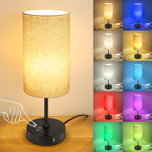 Unicozin Table Lamp, 3 CCT 3000K/4500K/6500K & RGB Color Changing, Stepless Dimmable Small Bedside Lamp for Reading, Ambience Nightstand Light for Home Decor Party, Beige Shade by Unicozin