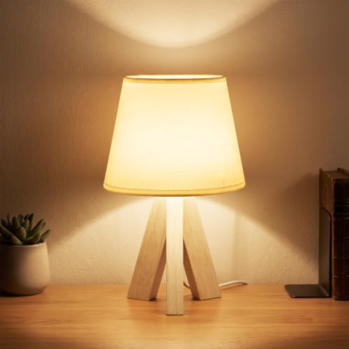 Tripod Table Lamp Small Bedside Lamp with White Fabric Shade, Mid Century Modern Nightstand Lamp for Bedroom Living Room Office Nursery, Wooden Legs(Cone) by Unknown
