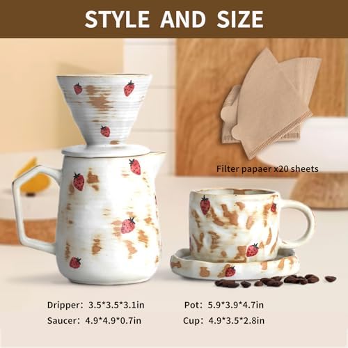 Handcrafted Pour Over Coffee Maker Set with Coffee Cup with Strawberry Pattern 20 Count Paper Filter V60 Drip Coffee Maker 20 oz Coffee Dripper (Strawberry) - Image 3