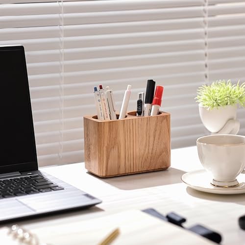 Oak Solid Wood Pen &Pencil Holder for Desk, Office Stationery Organizer, Table Pencil Cup Stand,Desk Accessories Holder, Two Cups Practical Design. (Nature Oak) - Image 2