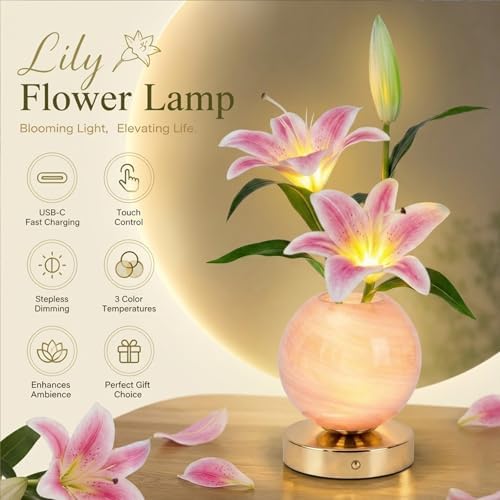 Lily Table Lamp, 3 Color Planet Night Light, Rechargeable Cordless Touch Dimming Artificial Flower Light, LED Flower Bedside Lamp Romantic Gifts for Girl Women Mom (Pink Lily) - Image 6