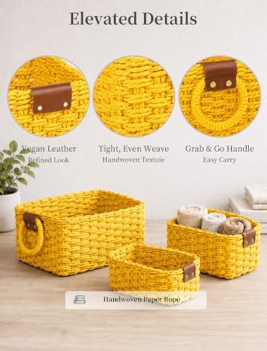 Small Wicker Baskets, 3 PCS Paper Rope Baskets for Shelves, Yellow - Image 4