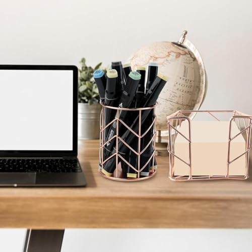 2 Pcs Square Post Note Holder and Circle Pen Holder, Metal suit for Home Office Supplies Workspace School for Desk Organize(Rose Gold) - Image 5