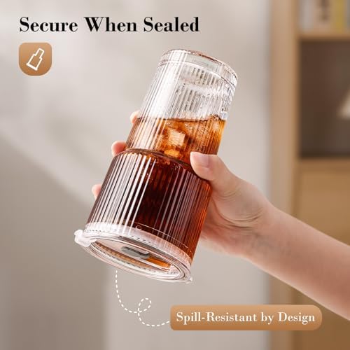 20oz Iced Coffee Cups with Lids, Ribbed Glass Cups with Lids and Straws - Image 2