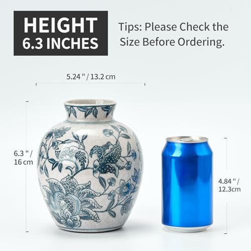 SIDUCAL Ceramic Chinoiserie Floral Vase | 6.3 Inch Blue and White Vintage | Retro Ice Cracked Blue and White Porcelain Vase for Table, Living Room, Bathroom Decoration, Shelf Decor, Mantel - Image 3