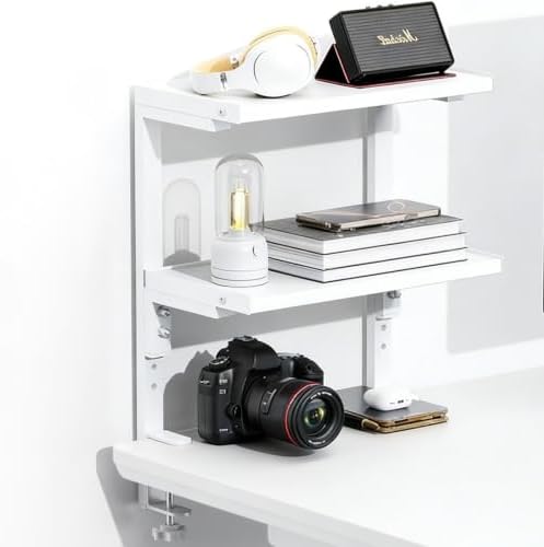 Spacrea Clamp on Desk Shelf, 2 Tier Office Desk Shelves Organizer, Wood Desktop Supplies Storage Rack, Desk Organizers and Accessories (White) by Spacrea