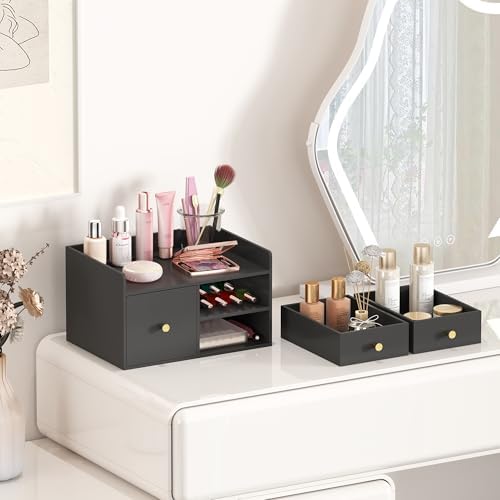 Bamboo Desk Organizer - Stackable, No Assembly Required, Ideal for Office/Home Use - Perfect for Toiletries, Stationery, Accessories. (Black, Square drawer to the left of the fence) - Image 4