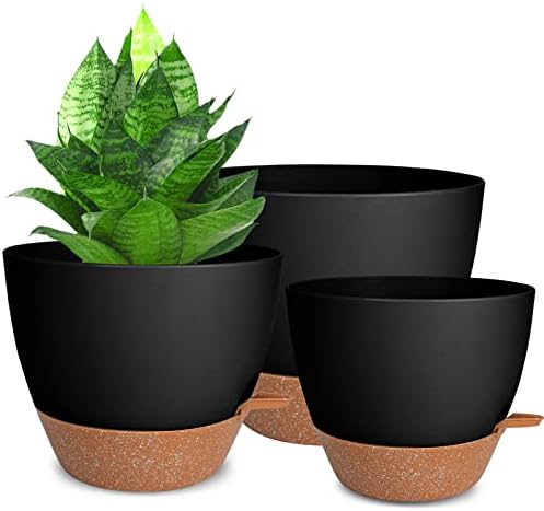 Vanslogreen Planters for Indoor Plants 3 Pack, 10/9/8 Inch Self Watering Flower Pots with Drainage Hole, Plastic Large Plant Pots (Black) by Vanslogreen