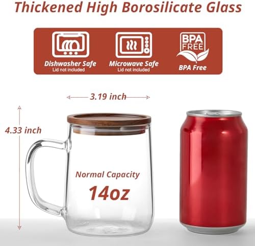 Glass Coffee Mugs, 14 oz Glass Coffee Cups with Acacia Wood Lids, Clear Borosilicate Glass Mugs with Handles for Cappuccino, Tea, Latte, Hot/Cold Beverages, Wine, Americano, Set of 2 - Image 2