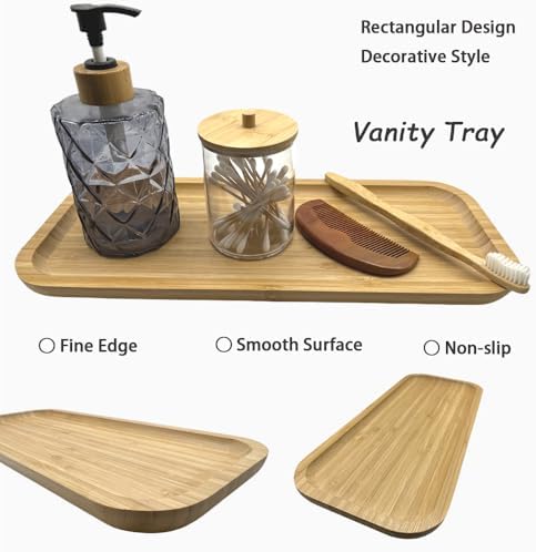 Wood Vanity Tray, Bathroom Counter Solid Bamboo Organizer, Toilet Tank Top Wooden Serving Plate for Dinner Tea Coffee (Natural Bamboo Color, 14 x 5.9 inch) - Image 3