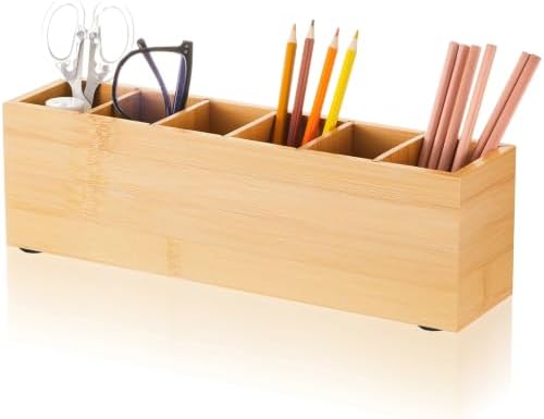 Jetec Wooden Pencil Pen Holder for Desk, Bamboo, 6 Compartments by Jetec