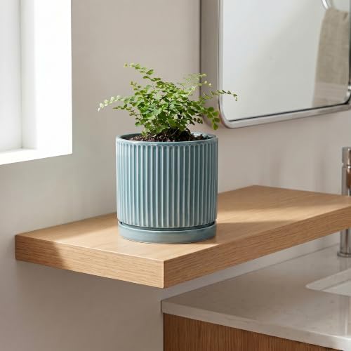 6 Inch Flower Pots, Ceramic Pots for Plants with Tray, Glaze Blue - Image 3