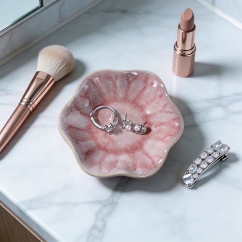 Pink Lotus Leaf Shape Ring Jewelry Dish Holder,Small Trinket Jewelry Tray,Decorative Jewelry Plate Bowl,Key Bowl,Mothers Day Birthday Engegament Gifts for Women Friends,Ceramic - Image 2