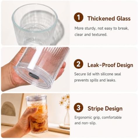 16oz/470ml Ribbed Glass Iced Coffee Tumbler with Lid and Straw, Thick-walled Clear Drinking Glass Cups for Cold Brew, Matcha, Smoothies, Leak-Resistant BPA-Free Travel Mug-2PACK - Image 6