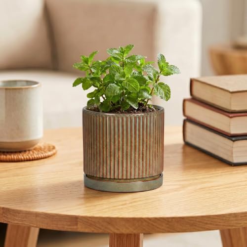4 Inch Pots for Plants, Ceramic Plant Pots with Saucer, Retro Brown - Image 4