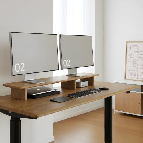 White Oak Dual Monitor Stand Riser - 43.3" Wooden Monitor Stand for 2 Monitors, Minimalist Desk Shelf Organizer for iMac, Laptop & Ultrawide Displays - Image 2