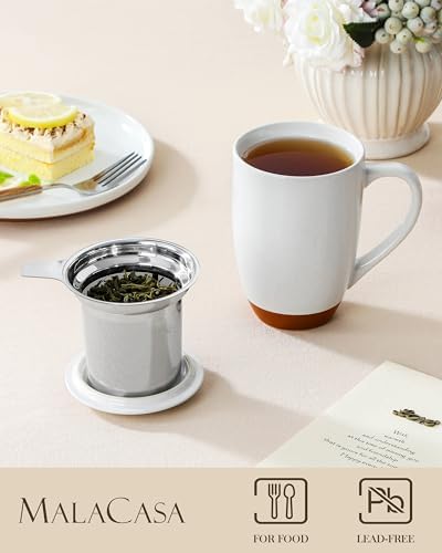 MALACASA Ceramic 18 oz Tea Mug with Lid and Infuser, Khaki White - Image 3