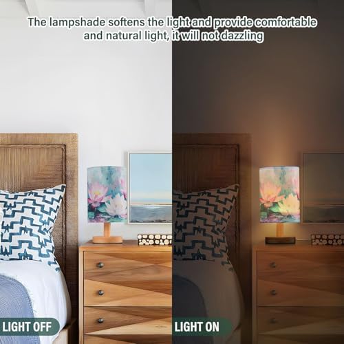 Art Painting Lotus Flowers and Leafs Bedside Table Lamps with USB Port for Bedroom Lamp Table Lamp Small Nightstand Lamp Linen Shade Wooden Base Decorative Lamps for Home Dorm Office Living Room - Image 3