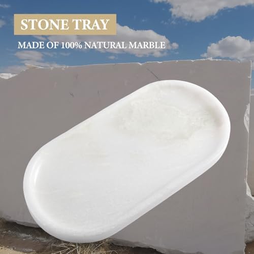 Koville African Natural White Marble Decorative Tray, 10" x 5" Marble Vanity Tray for Bathroom Countertop Organizer Stone Trays, Catchall Tray for Perfume, Candles, Jewelry (Namib Bianco White) - Image 3