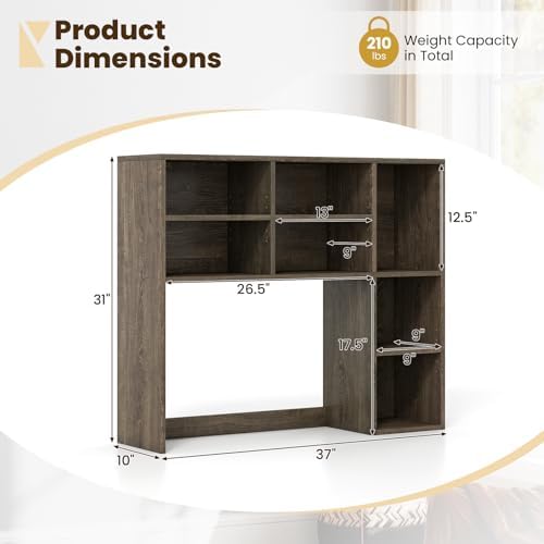 Giantex Desktop Bookshelf, Desk Hutch Dorm w/ 7 Cubes & 3 Adjustable Shelves, Desk Shelf for Up to 27" Computer Monitors, Wooden Desktop Storage Organizer for Dorm College Office Home (Grey Oak) - Image 3