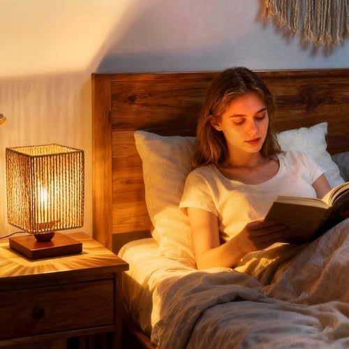 Handmade Small Rattan Lamp for Bedroom,Boho LED Desk Lamp for Living Room,Woven Bedside Night Light Lamp for Nightstands,Farmhouse Wicker Bamboo Table Lamp for Room Office Decor(LED Bulb Included) - Image 4