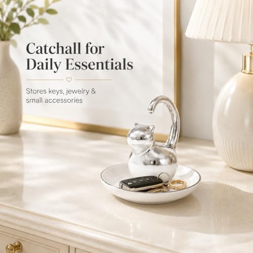 Cat Ring Holder Jewelry Dish–White & Silver Fat Cat Ceramic Trinket Tray,Birthday,Wedding,Graduation Gift for Women & Girls,Rings Earrings Necklaces Bracelets–Vanity,Nightstand,Dresser,Bathroom - Image 5