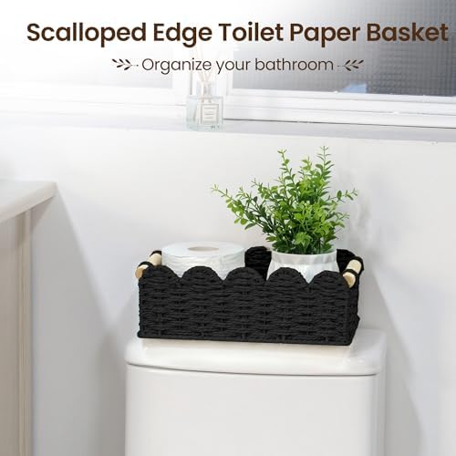 iEGrow Paper Rope Small Storage Baskets for Organizing, Set of 2 Scalloped Edge Wicker Basket with Wooden Handles Toilet Paper Basket for Over Toilet Storage Shelf, Home Decor, Living Room (Black) - Image 3