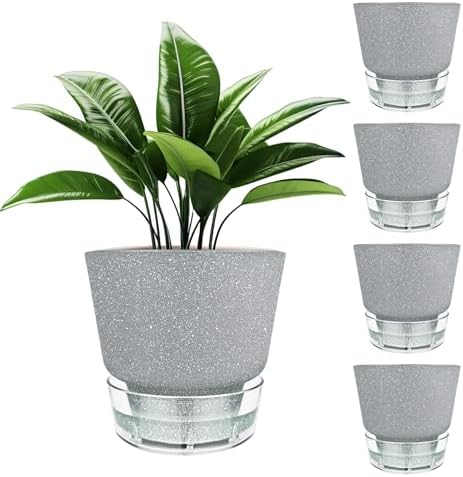 Plant Pots - 6" Orchid Pot, 5 Pack Orchid Pots with Holes - Self Watering Pots for Indoor Plants - Plant Pots with Drainage Hole and Tray Saucer (Frosted Gray) by HYNZ