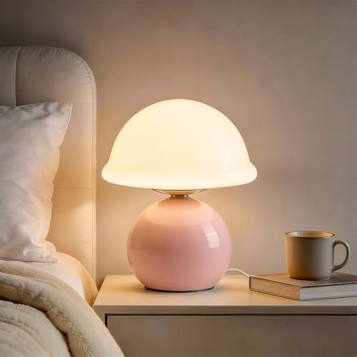 Glass Mushroom Lamp, Dimmable Bedside Table Lamp (Pink) by Komothala