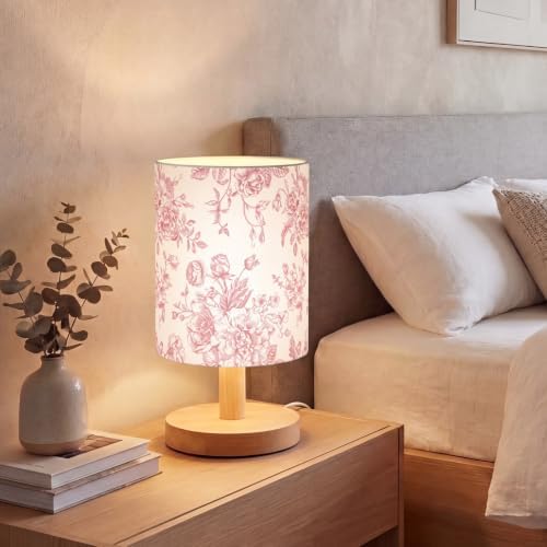 VIHOSE Pink Floral Kids Table Lamp for Bedroom Kids Bedside Lamp with Linen Wooden Nightstand Cartoon Nursery Lampshade for Girls Boys Living Room - Image 7
