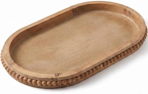 Hrastany Brown Oval Wood Decorative Tray, 15" x 9" Beaded Trim Candle Tray by Hrastany