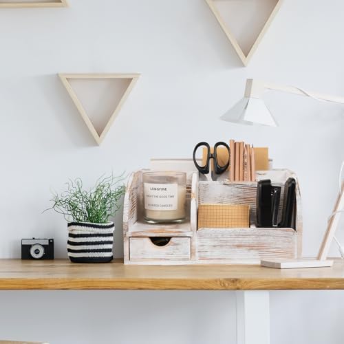 Office Desk Drawer Supply Organizer and Accessories, Wood Desk Organizer with 6 Compartments & 1 Drawer Binders Folder Papers Holder Pen Holder Office Desktop File Organizer (Washed white) - Image 4