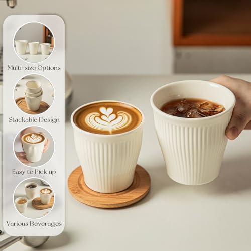 KEMORELA Espresso Cups Set of 3 – 5.5oz/7oz/10oz Ceramic Espresso Cups, Handleless Mug, Japanese Tea Cups， Ceramic Cups no Handles， Microwave and Dishwasher Safe, Barista Use, Asian Matcha Cup, White - Image 5