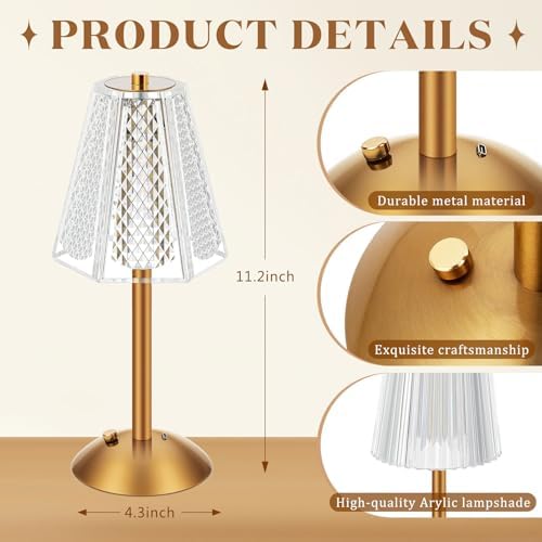 Liliful 2 Pcs Cordless Table Lamp LED Touch, Gold, Hexagonal Diamond Style - Image 2