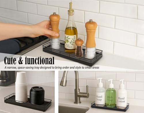 Bathroom Tray for Counter, Oak Wood 11" L Small Vanity Tray for Dresser Tops Perfume Jewelry Makeup Candle Soap Sponge Holder for Kitchen Countertop Organizer Coffee Table Decor Bar Black - Image 4