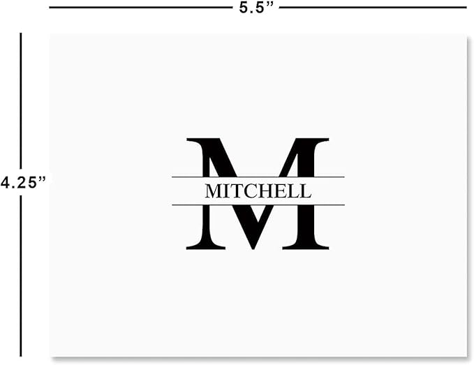 Personalized Black Front & Center Initial Note Card Set - 24 Cards with White Envelopes, 4¼ x 5½ Inch Size, Blank Inside, Add a Name and Initial, For Thank You Notes, or Graduation Gifts